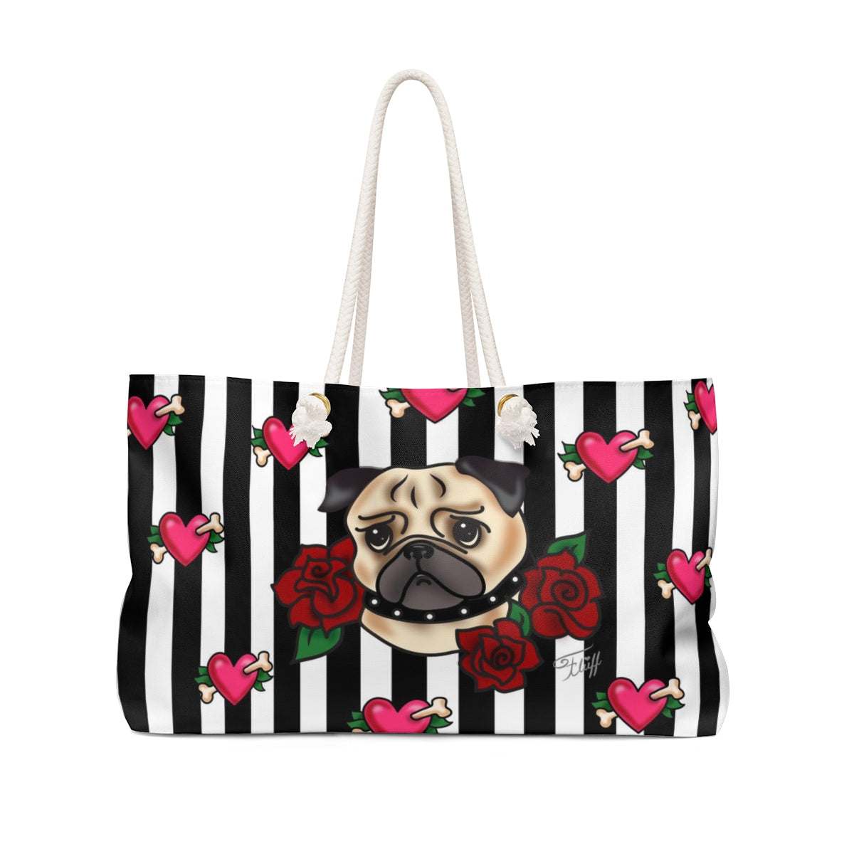 Tattoo Pug with Roses on Stripes • Weekender Bag