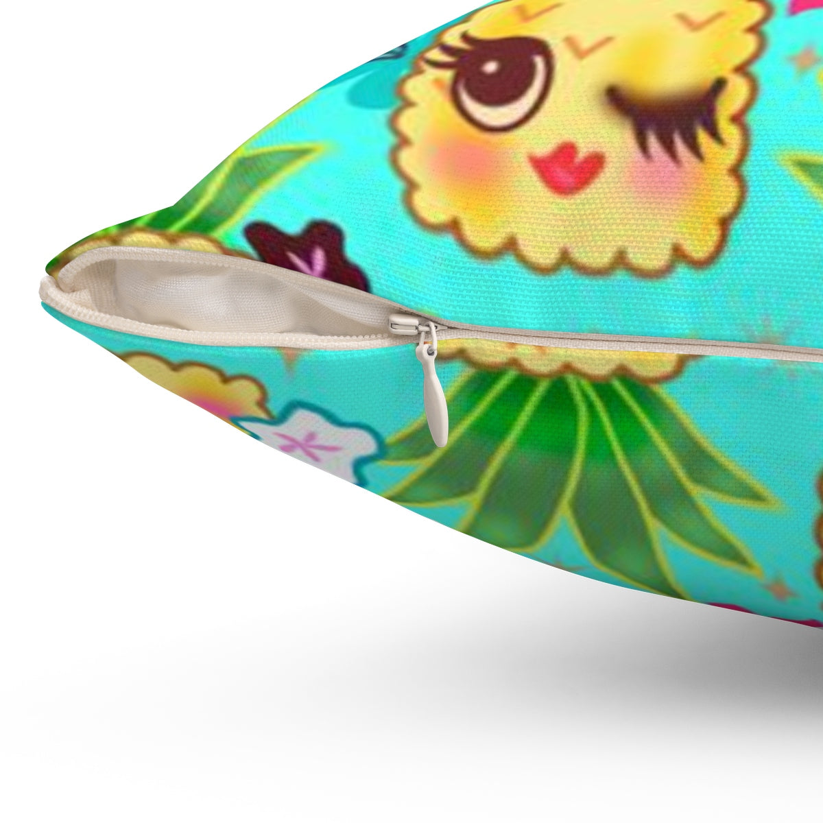 Happy Kawaii Cute Pineapples on Aqua • Square Pillow