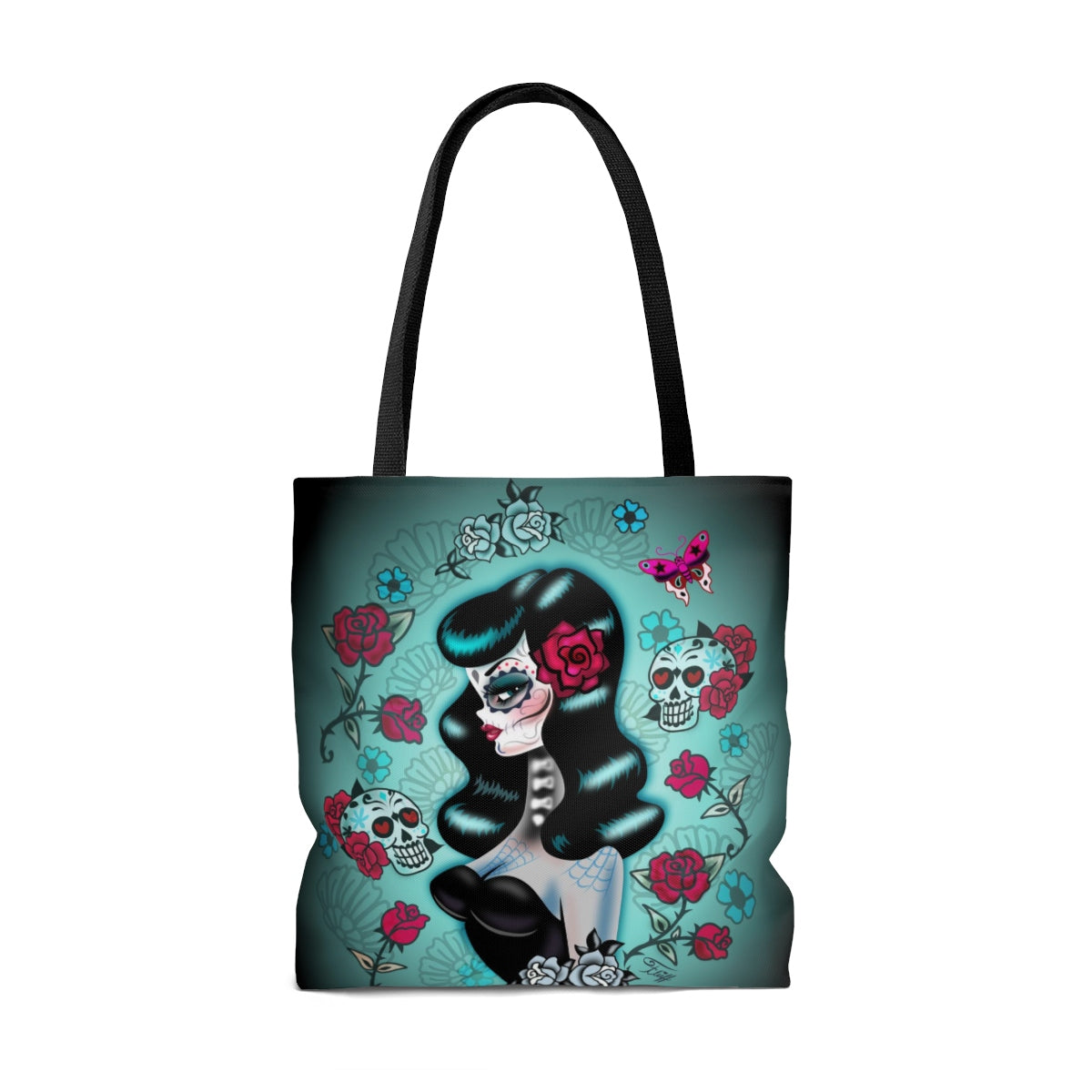 Raven Haired Day of the Dead Sugar Skull Pinup • Tote Bag