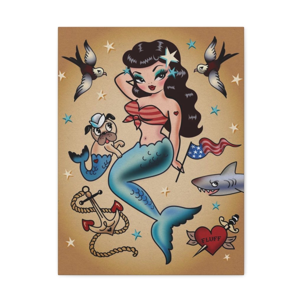 Patriotic Pinup Mermaid with Merpup • Canvas Gallery Wrap