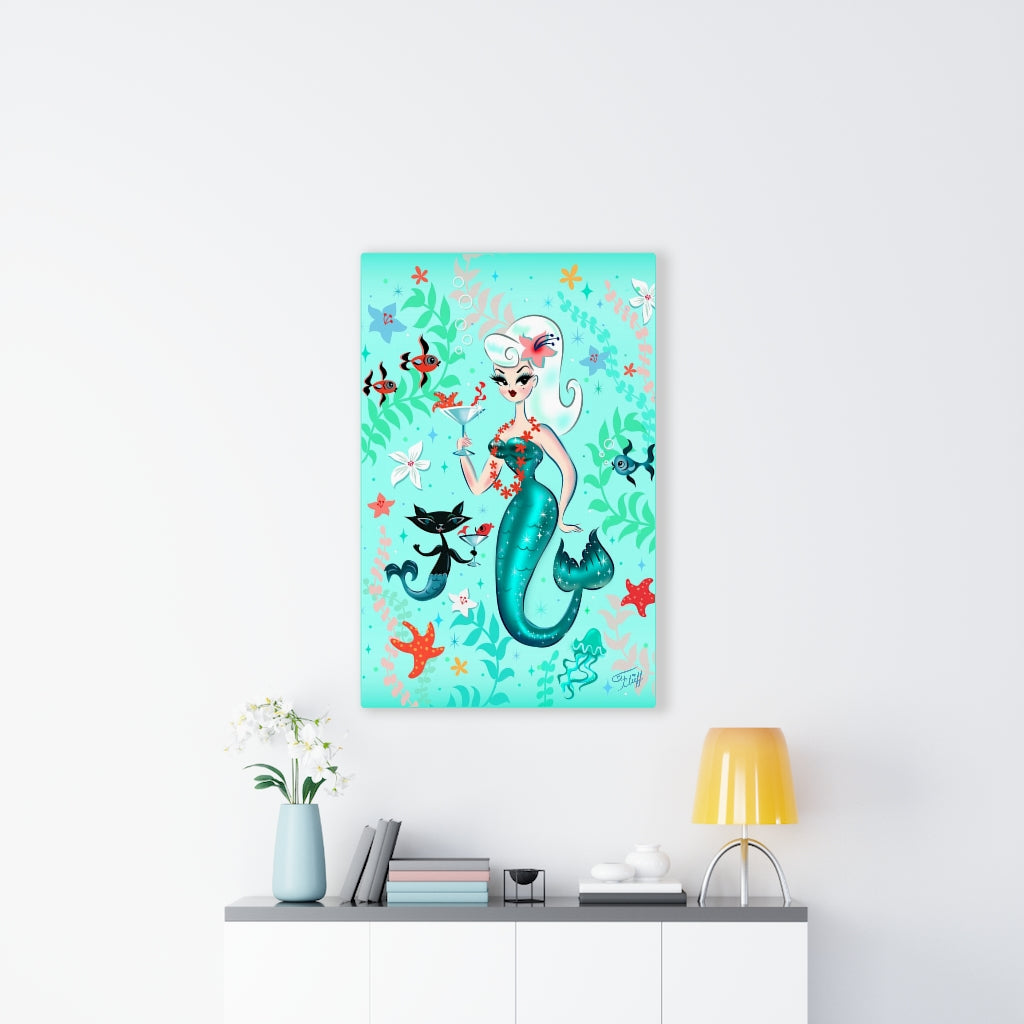 Blonde Martini Mermaid with Merkitten • Canvas Gallery Wrap