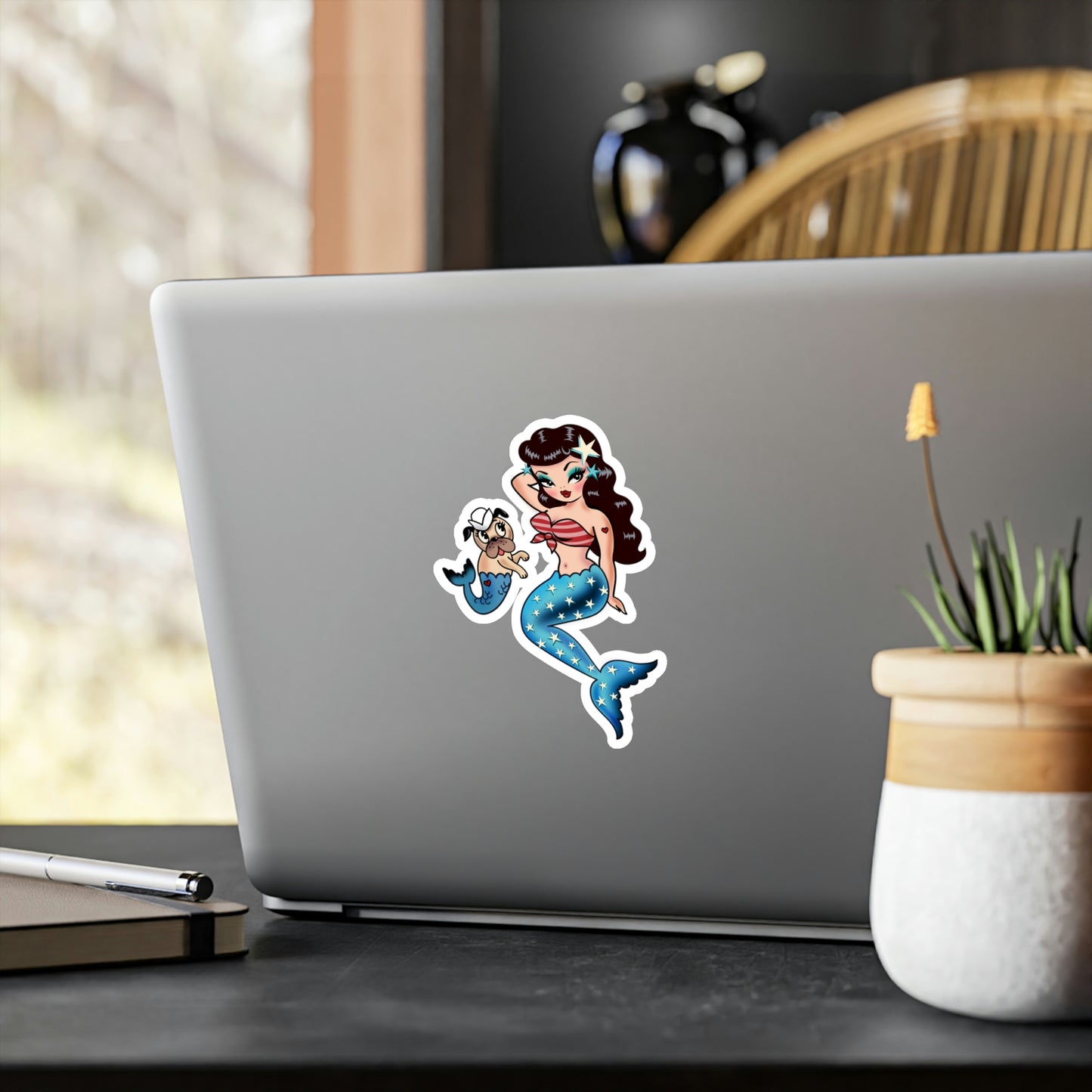 Patriotic Pinup Mermaid with Merpup • Kiss-Cut Vinyl Decals