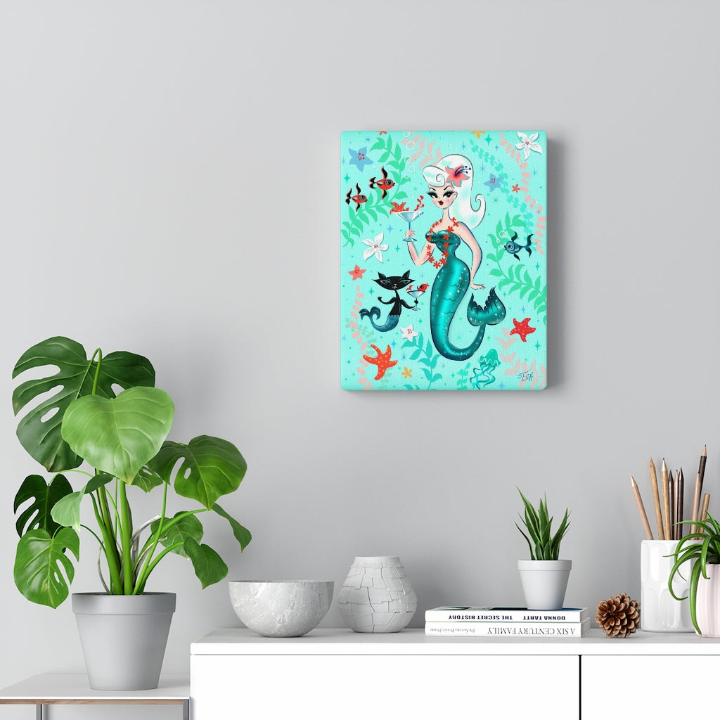 Blonde Martini Mermaid with Merkitten • Canvas Gallery Wrap