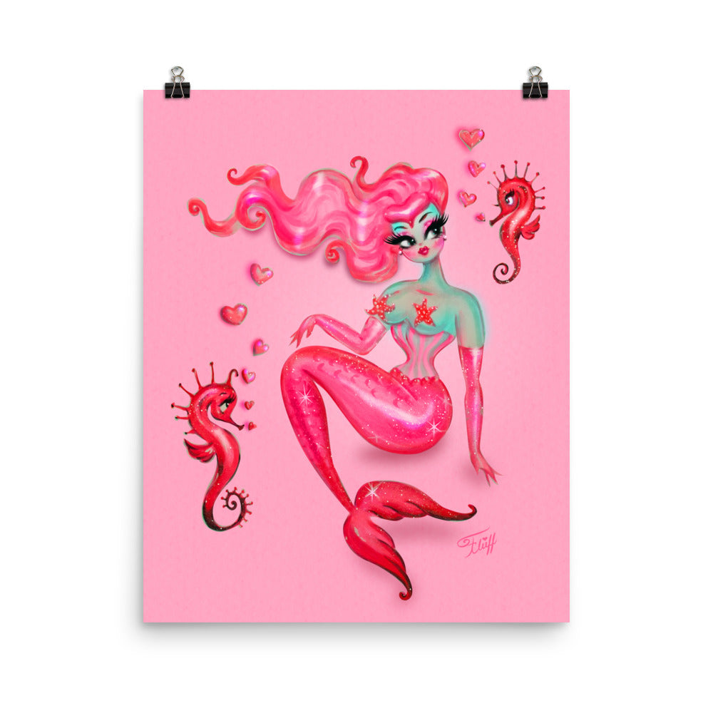 Mermaid on Pink with Smitten Seahorses • Art Print