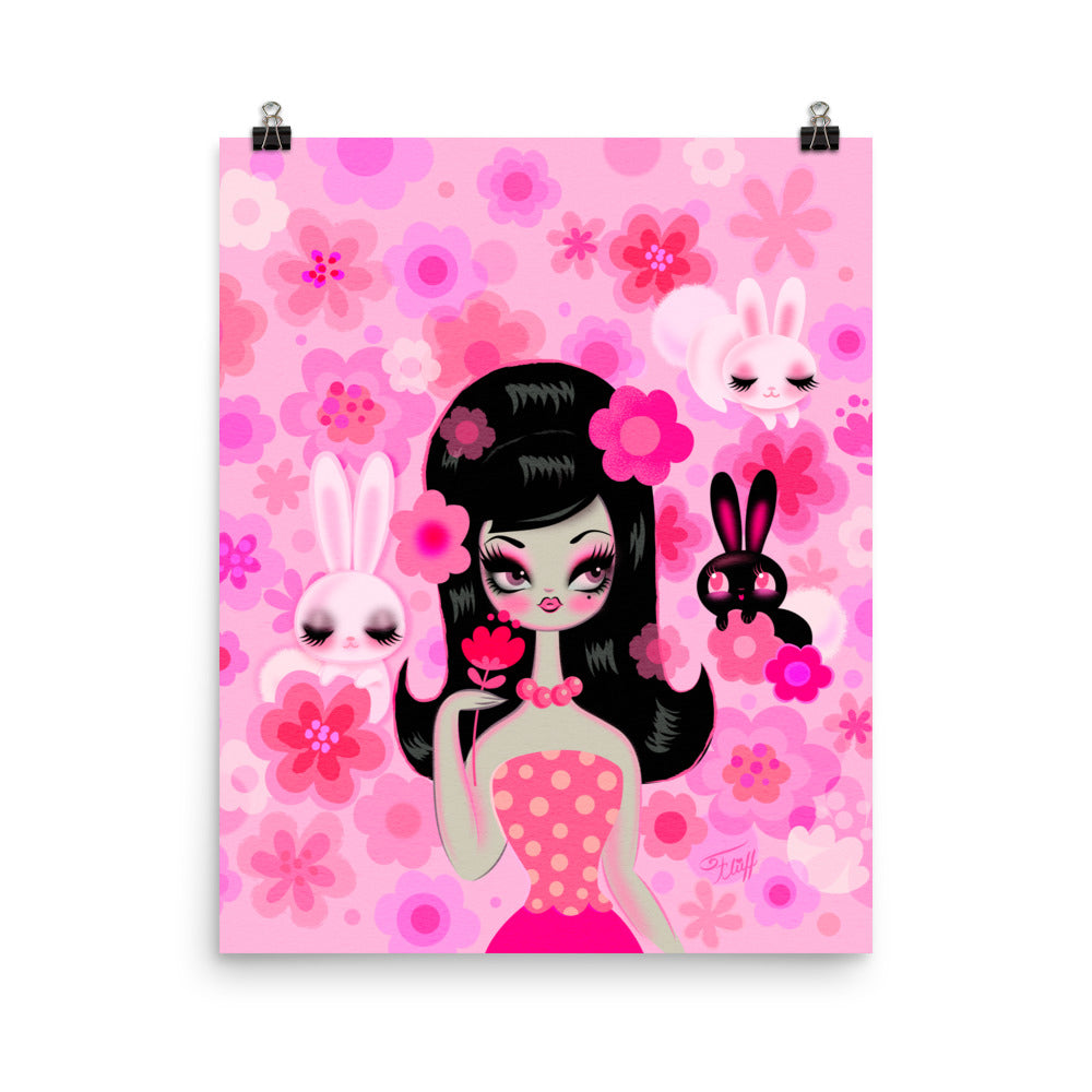 Mod Girl with Bunnies and Flowers • Art Print