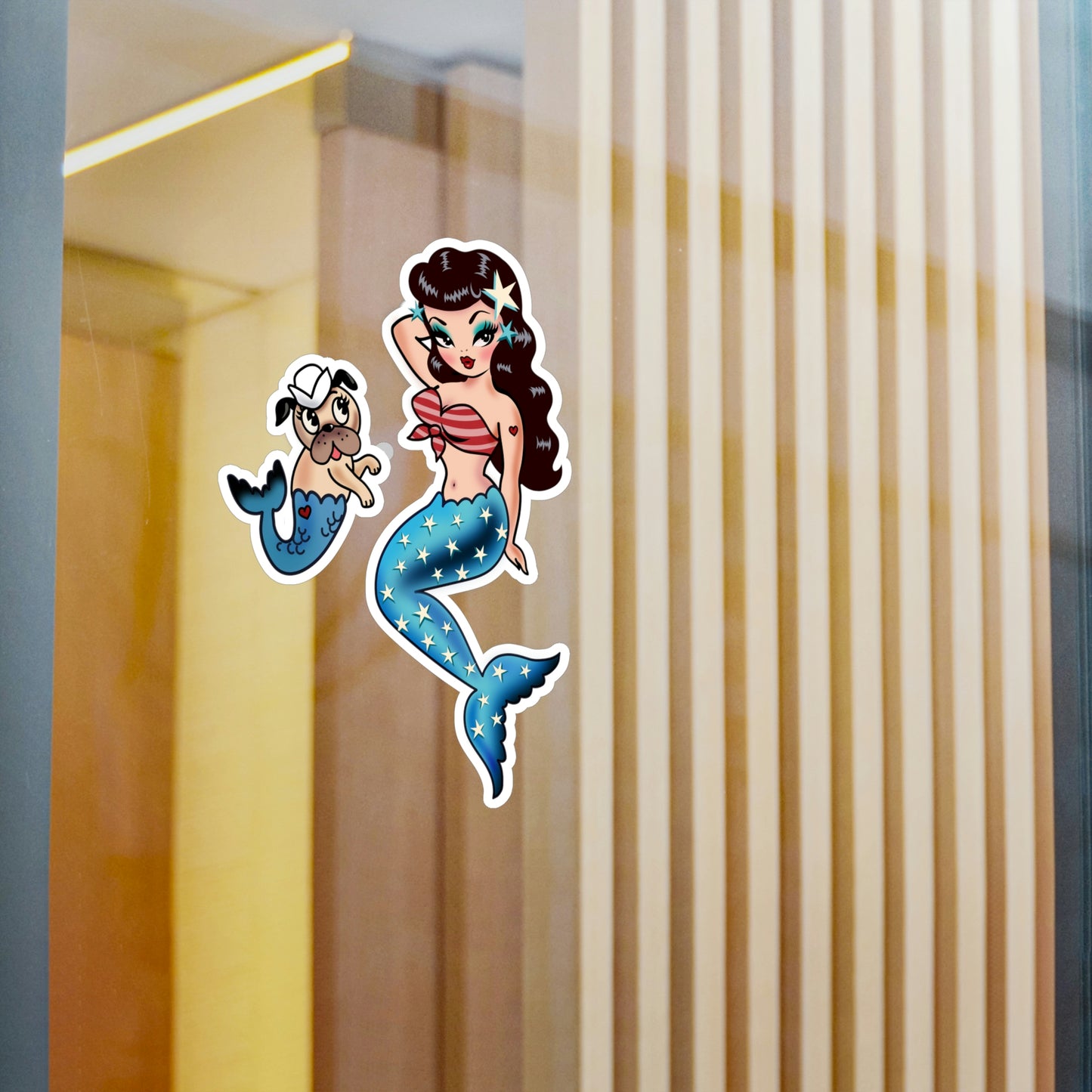 Patriotic Pinup Mermaid with Merpup • Kiss-Cut Vinyl Decals