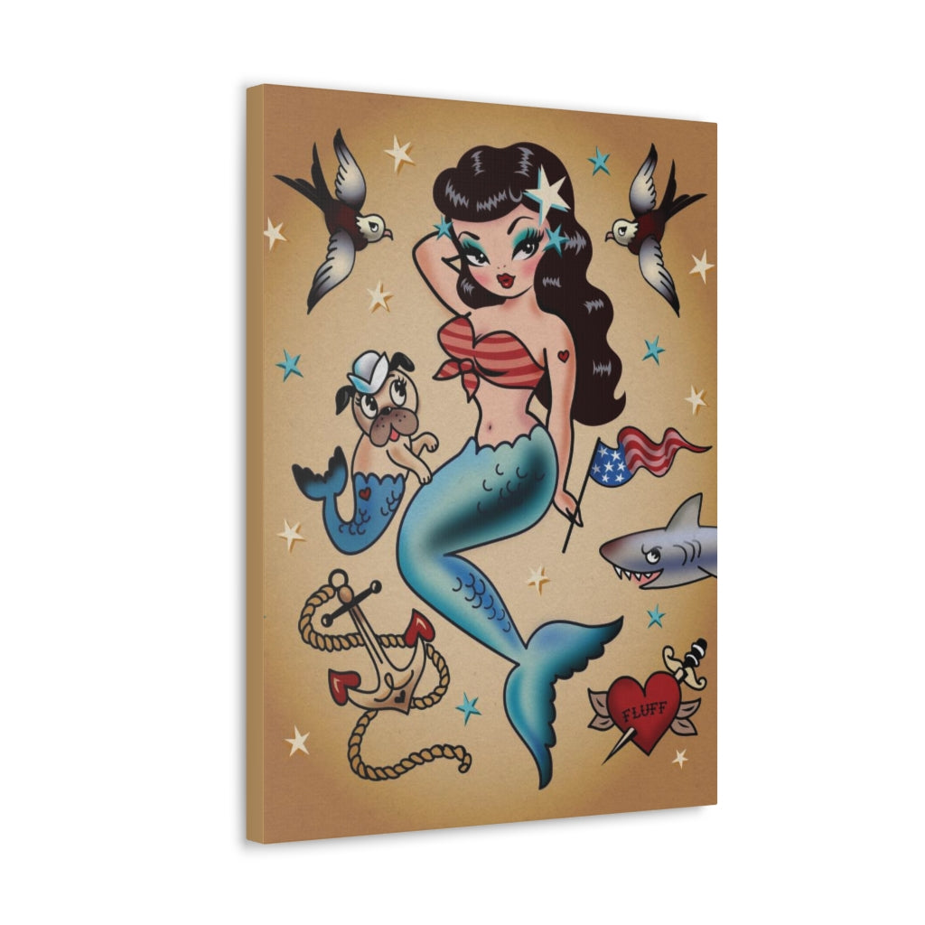 Patriotic Pinup Mermaid with Merpup • Canvas Gallery Wrap