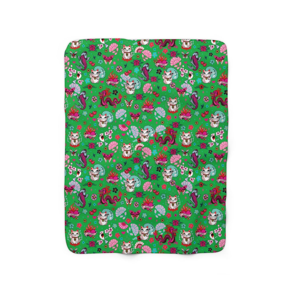 Lucky Cat on Green • Sherpa Fleece Blanket