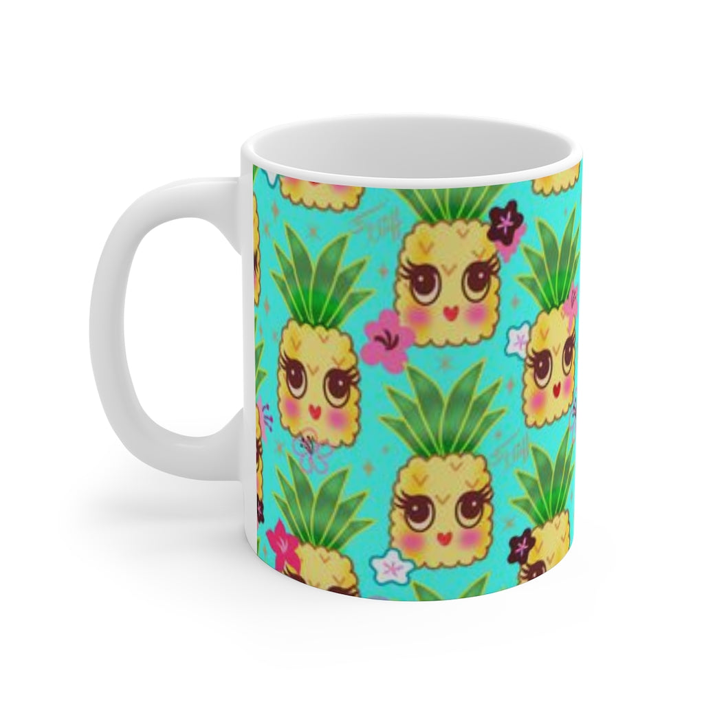 Happy Kawaii Cute Pineapples on Aqua • Mug 11oz