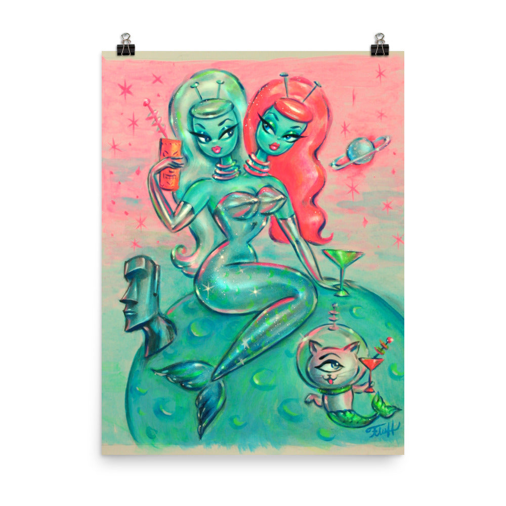 Two headed Alien Mermaid with Cyclops Kitty • Art Print