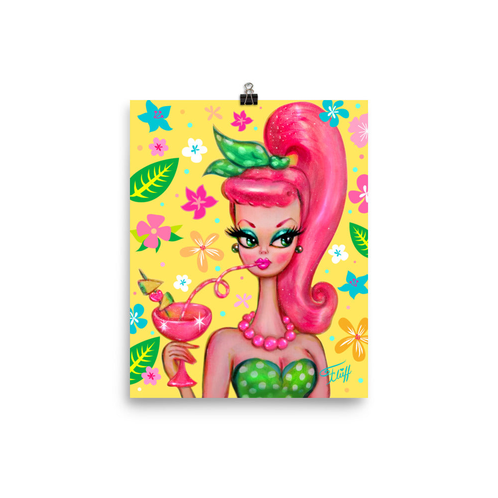 Doll with Pink Pony Tail Sipping a Tropical Cocktail • Art Print