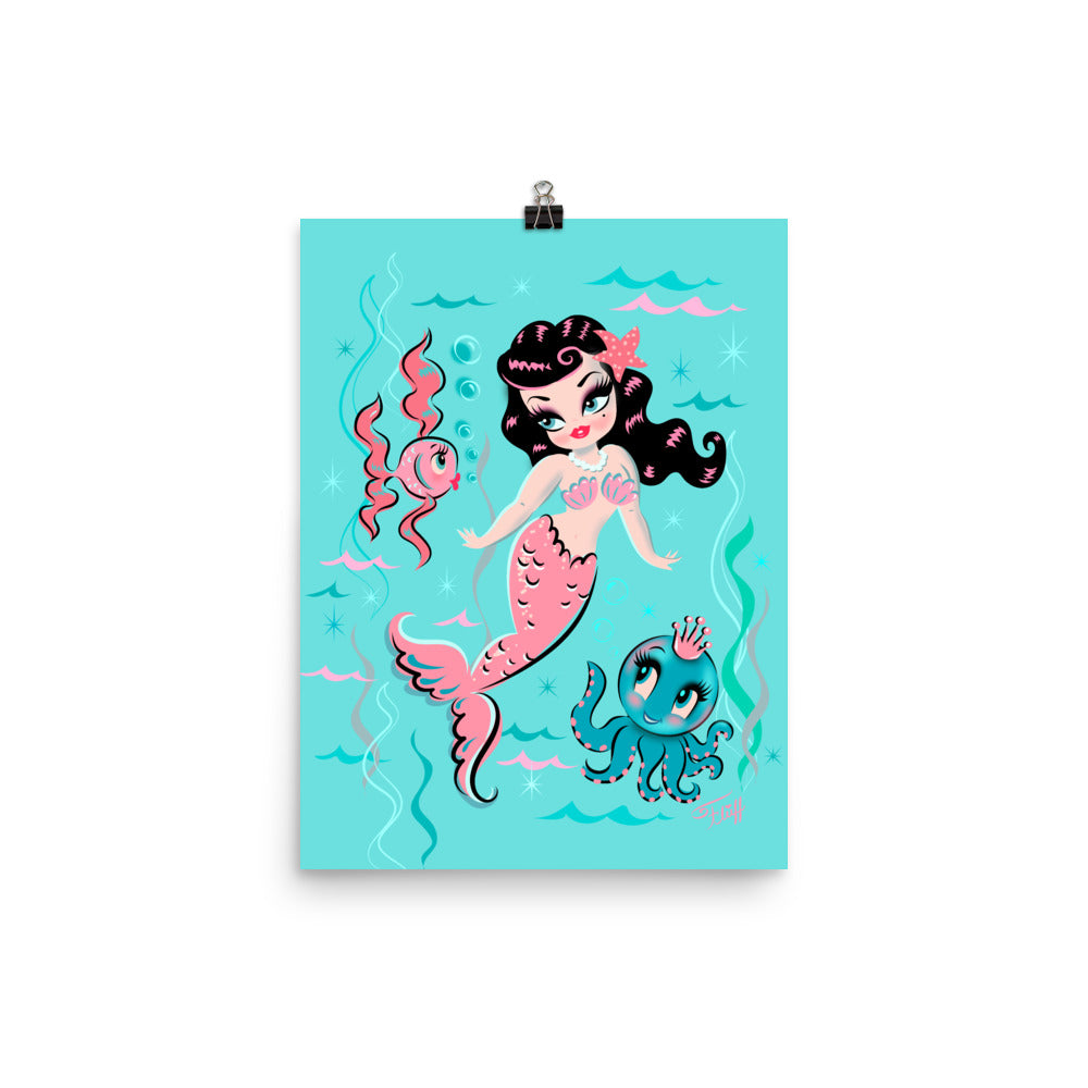 Babydoll Mermaid with Raven Hair and Octopus Prince • Art Print