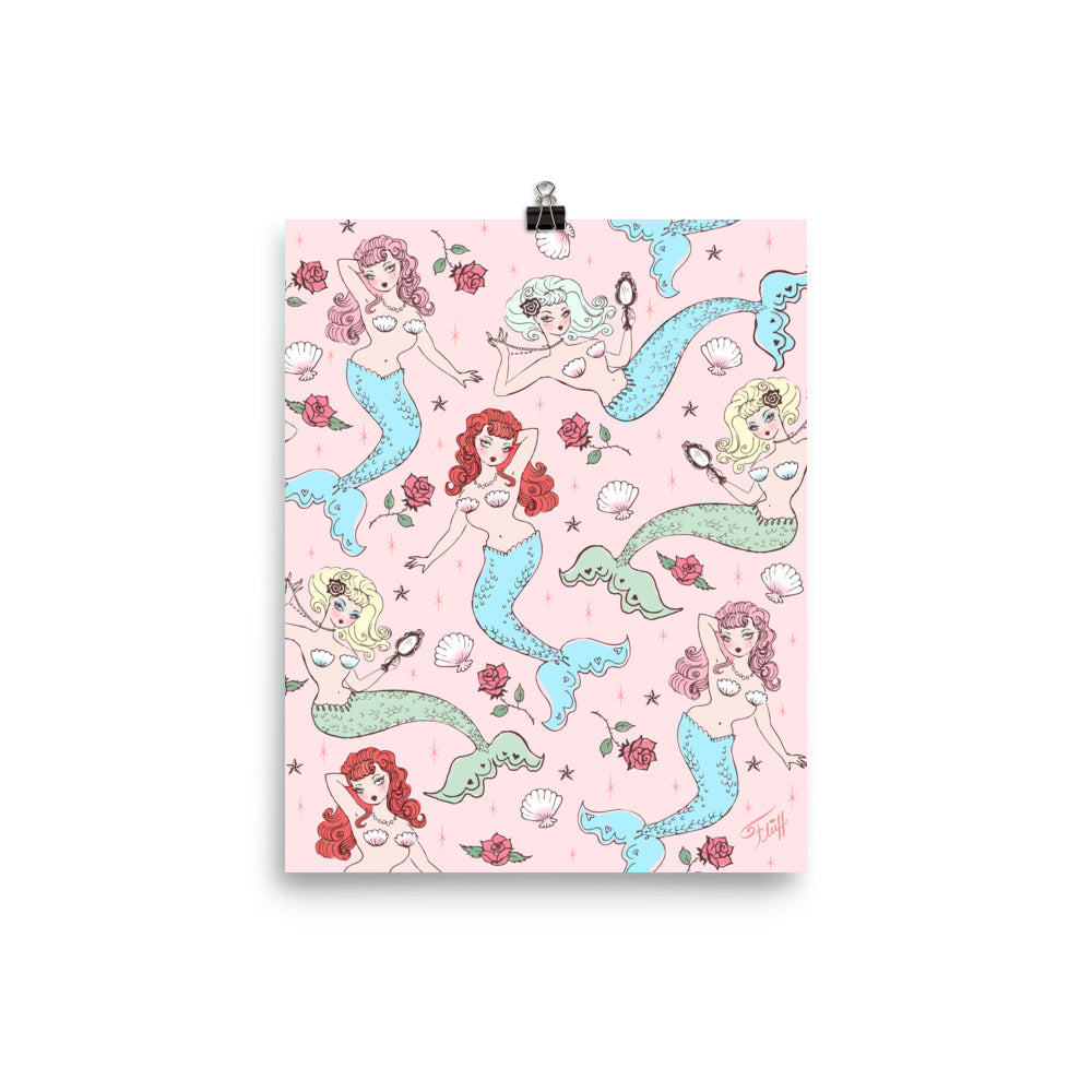 Mermaids and Roses on Pink • Art Print