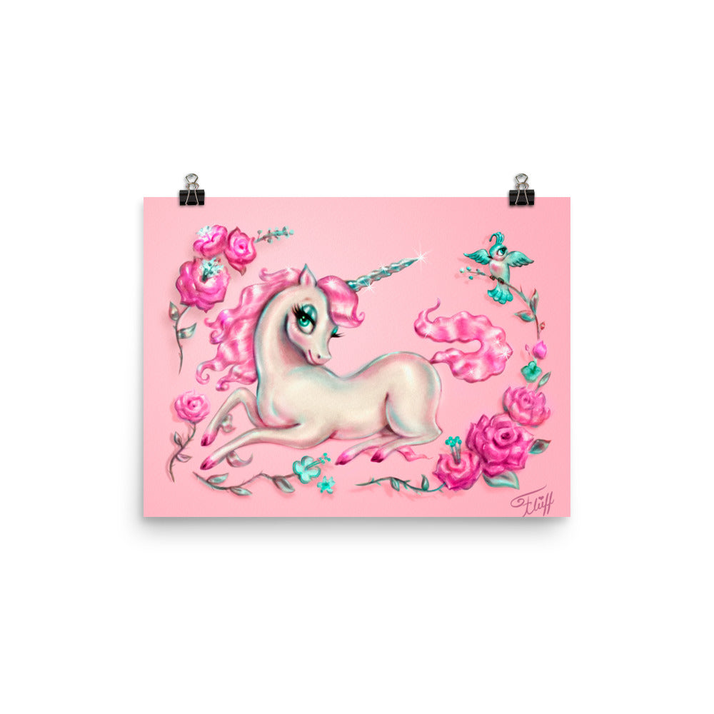 Unicorn with Roses on Pink • Art Print
