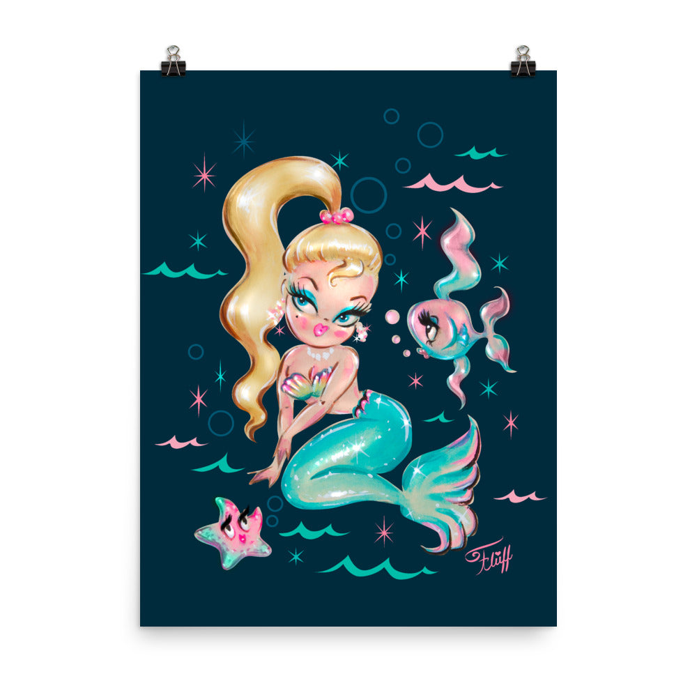 Blonde Babydoll Mermaid on Deep Blue • Art Print