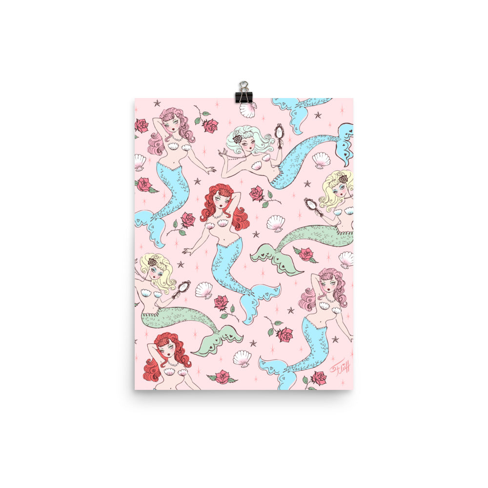 Mermaids and Roses on Pink • Art Print