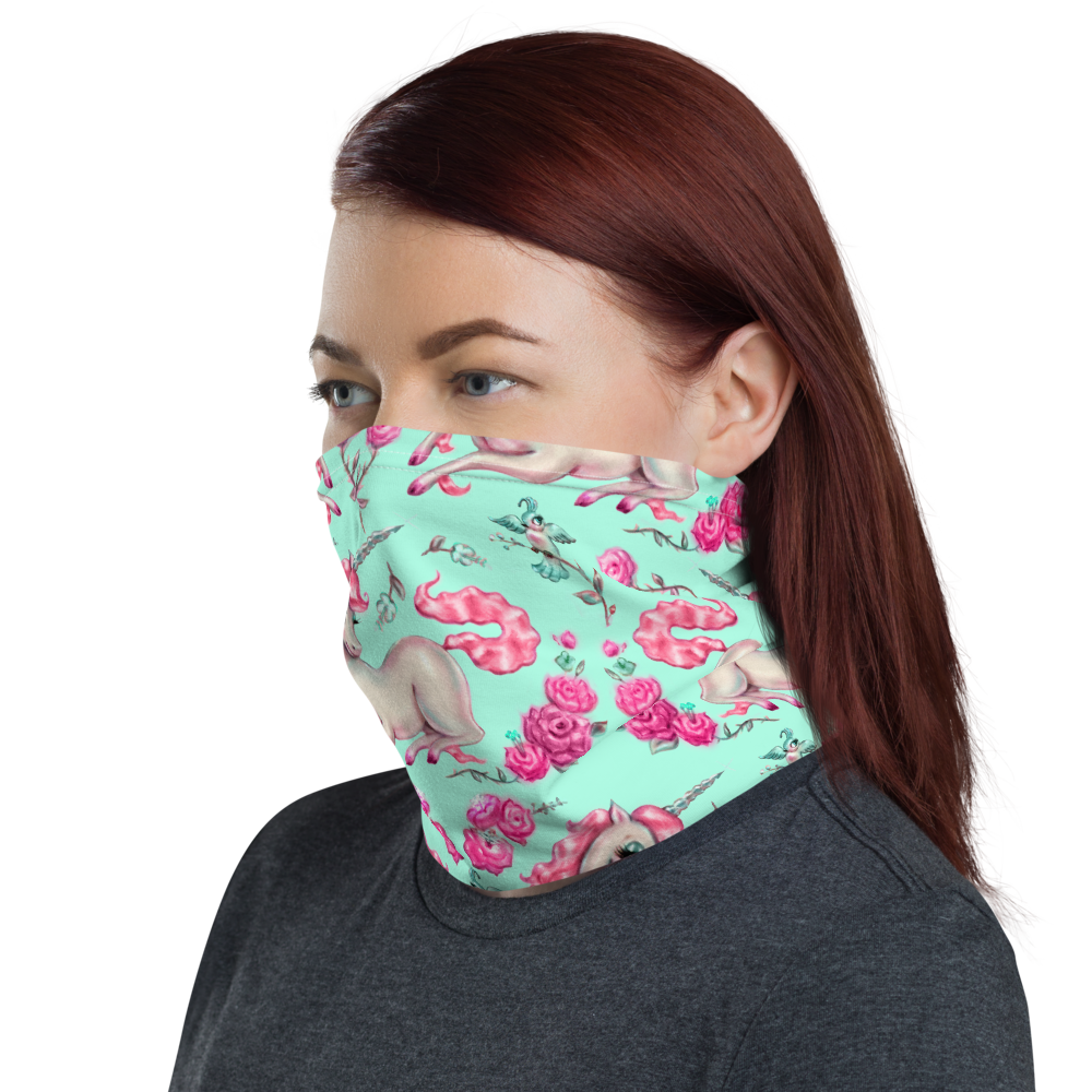 Unicorns and Roses on Mint • Neck Gaiter Face Mask