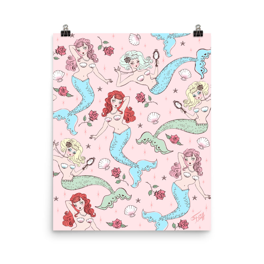 Mermaids and Roses on Pink • Art Print