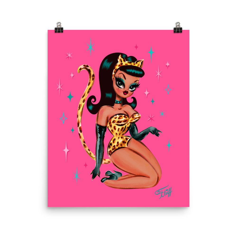 Brunette Leopard Cat Suit Pinup Girl • Art Print