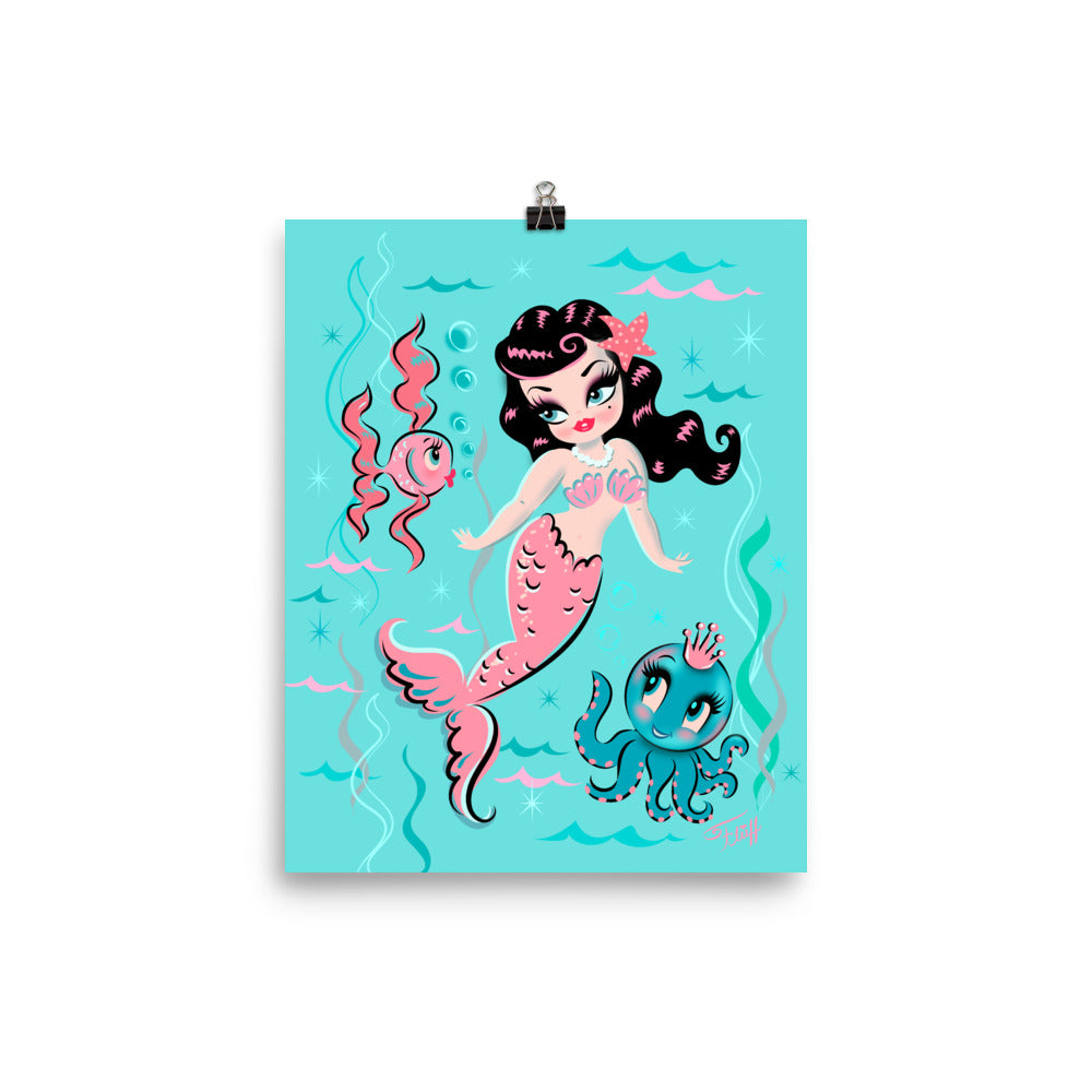 Babydoll Mermaid with Raven Hair and Octopus Prince • Art Print
