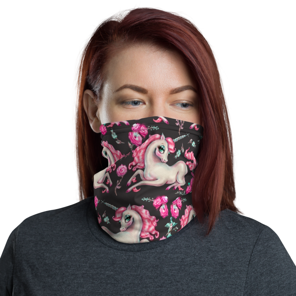 Unicorns and Roses on Black • Neck Gaiter Face Mask