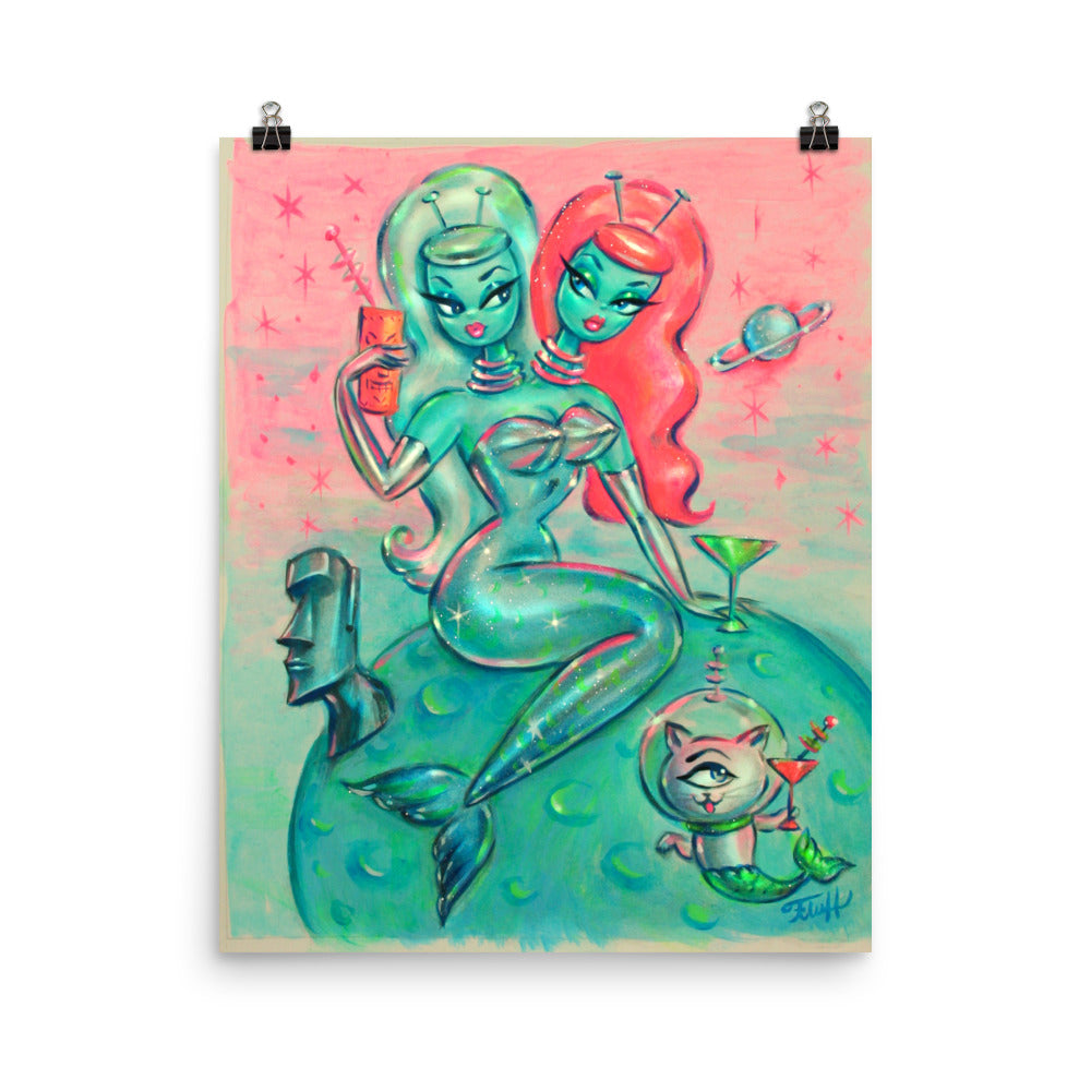 Two headed Alien Mermaid with Cyclops Kitty • Art Print