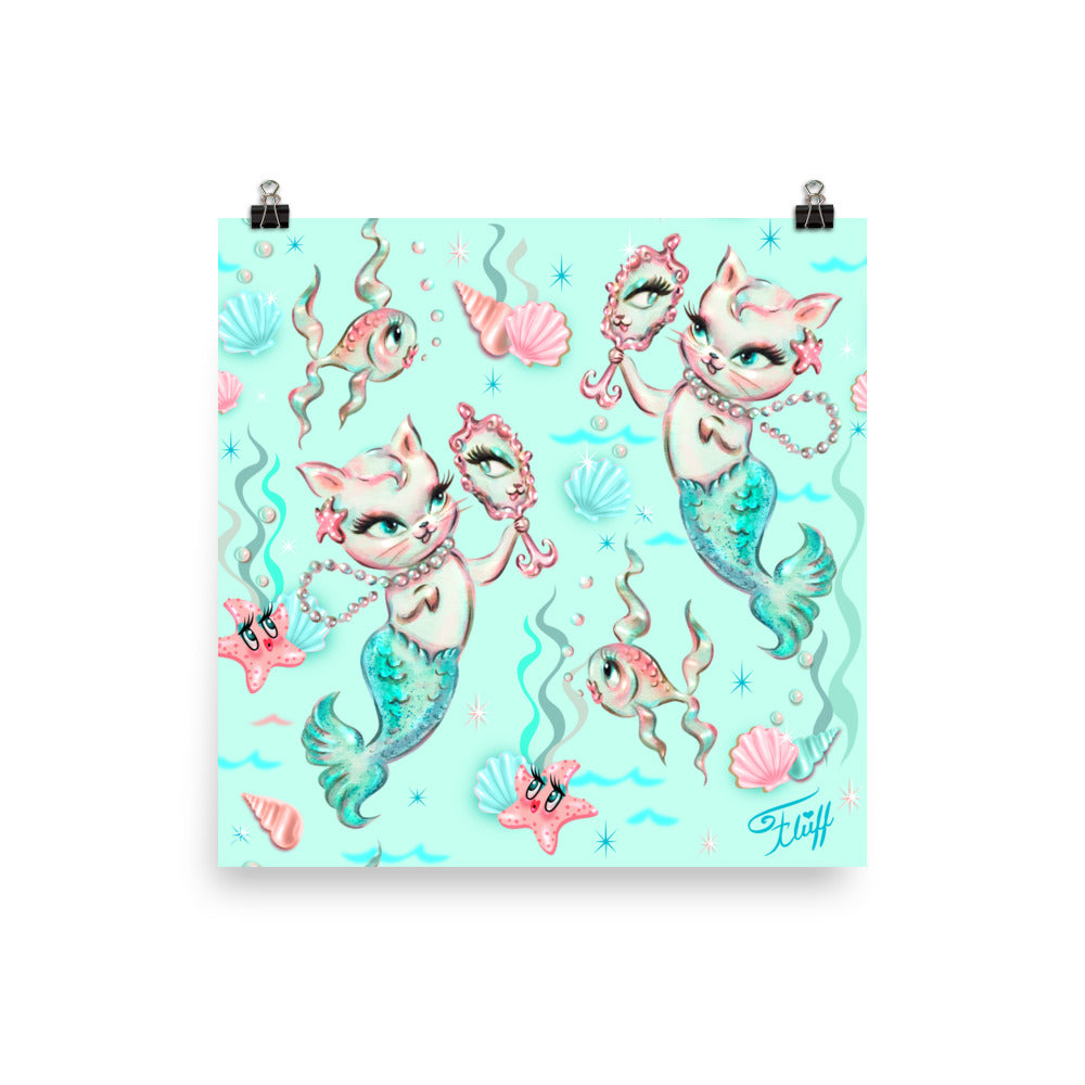 Merkittens with Pearls Aqua• Art Print