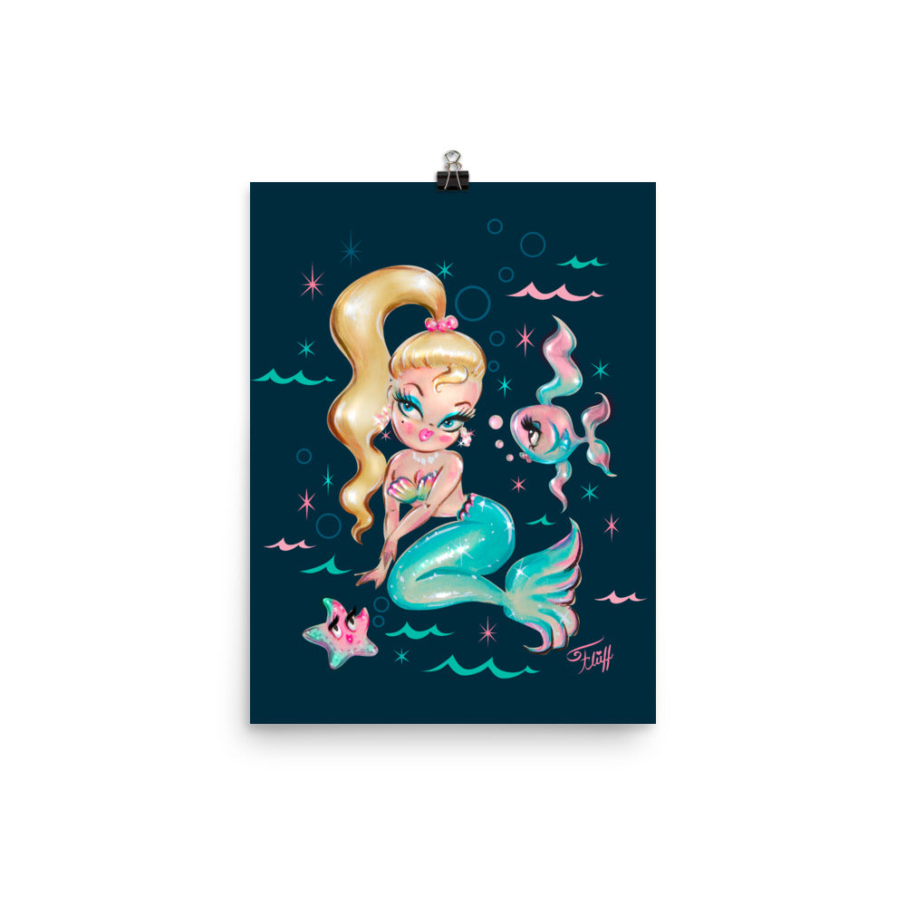 Blonde Babydoll Mermaid on Deep Blue • Art Print