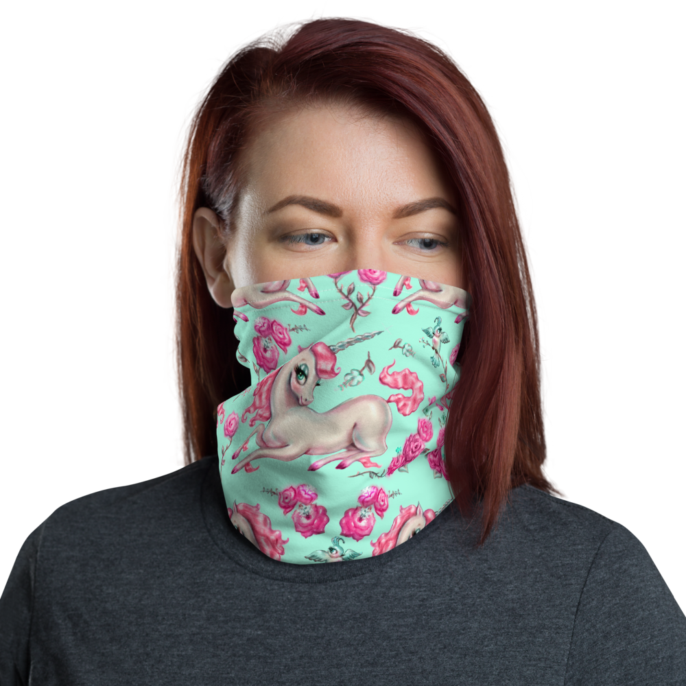 Unicorns and Roses on Mint • Neck Gaiter Face Mask