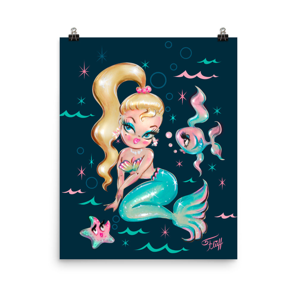 Blonde Babydoll Mermaid on Deep Blue • Art Print