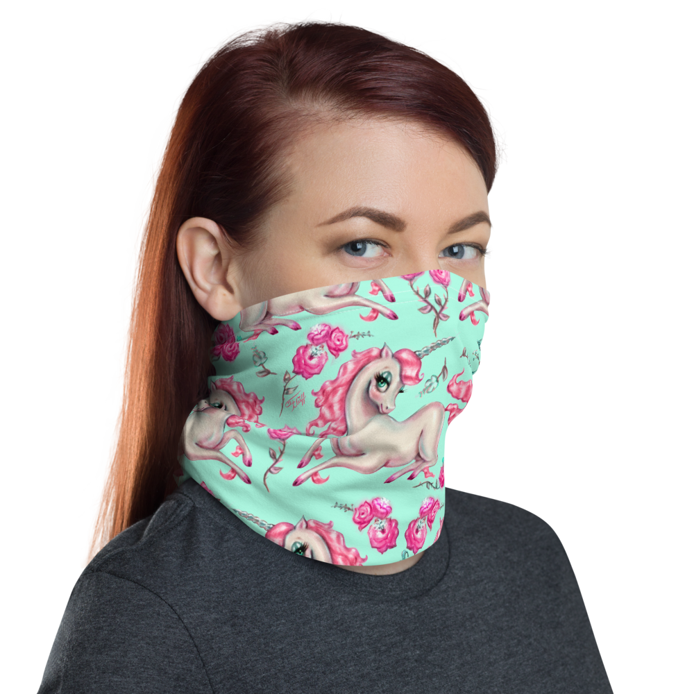 Unicorns and Roses on Mint • Neck Gaiter Face Mask
