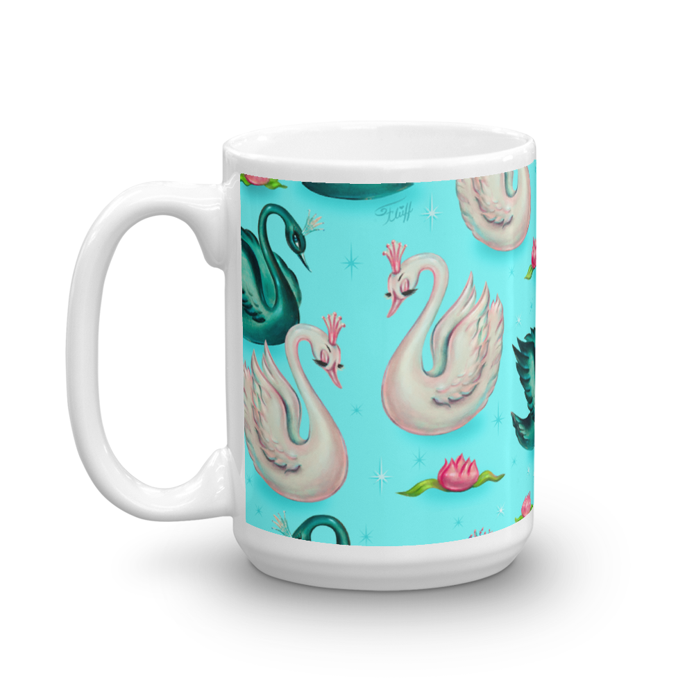 Swans with Tiaras on Aqua • Mug