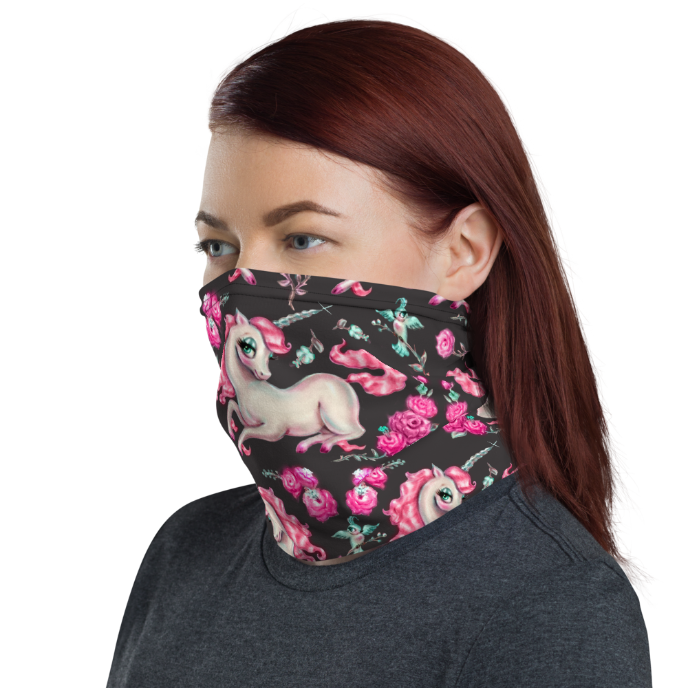 Unicorns and Roses on Black • Neck Gaiter Face Mask