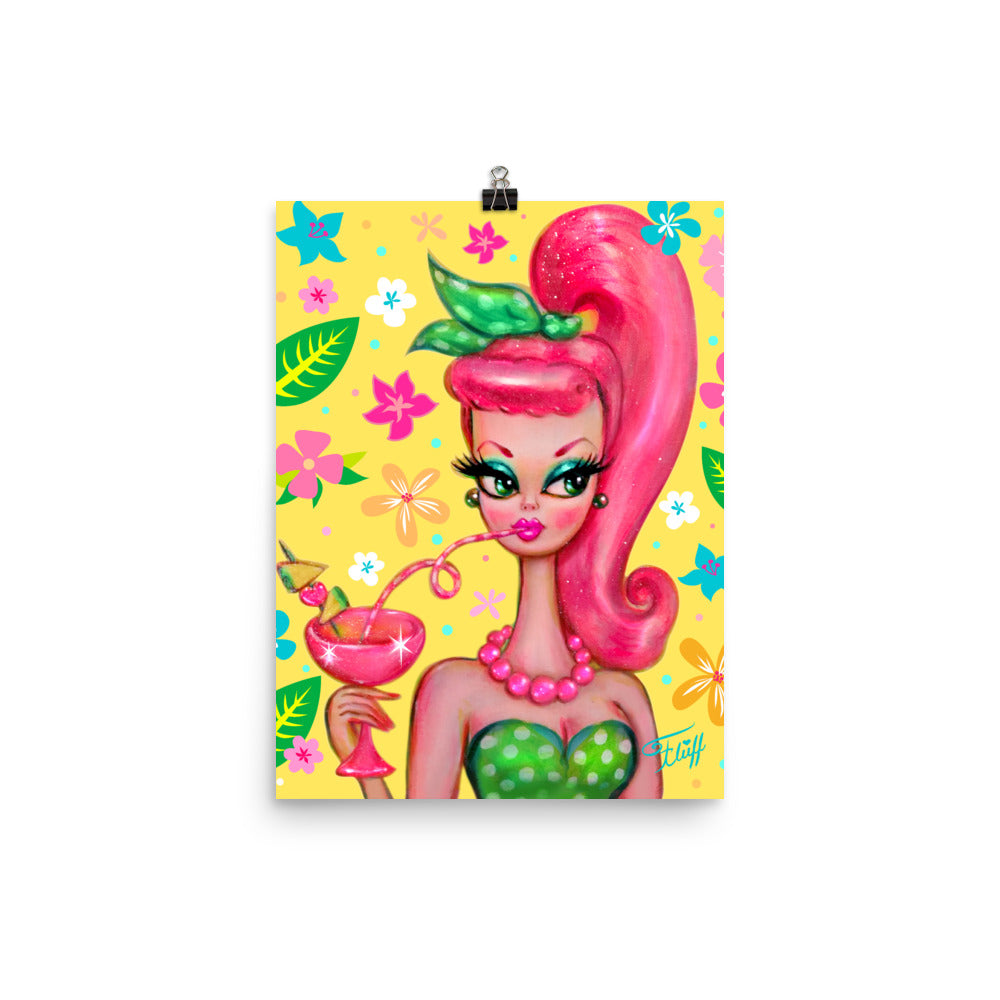 Doll with Pink Pony Tail Sipping a Tropical Cocktail • Art Print