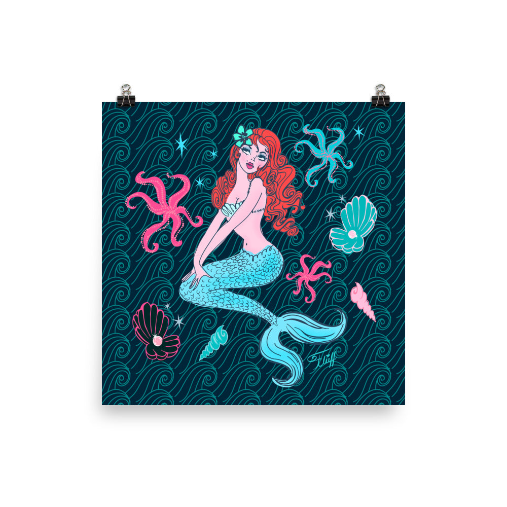 Pink Pearl Beach Mermaid Dark Blue • Art Print – Miss Fluff's Shop