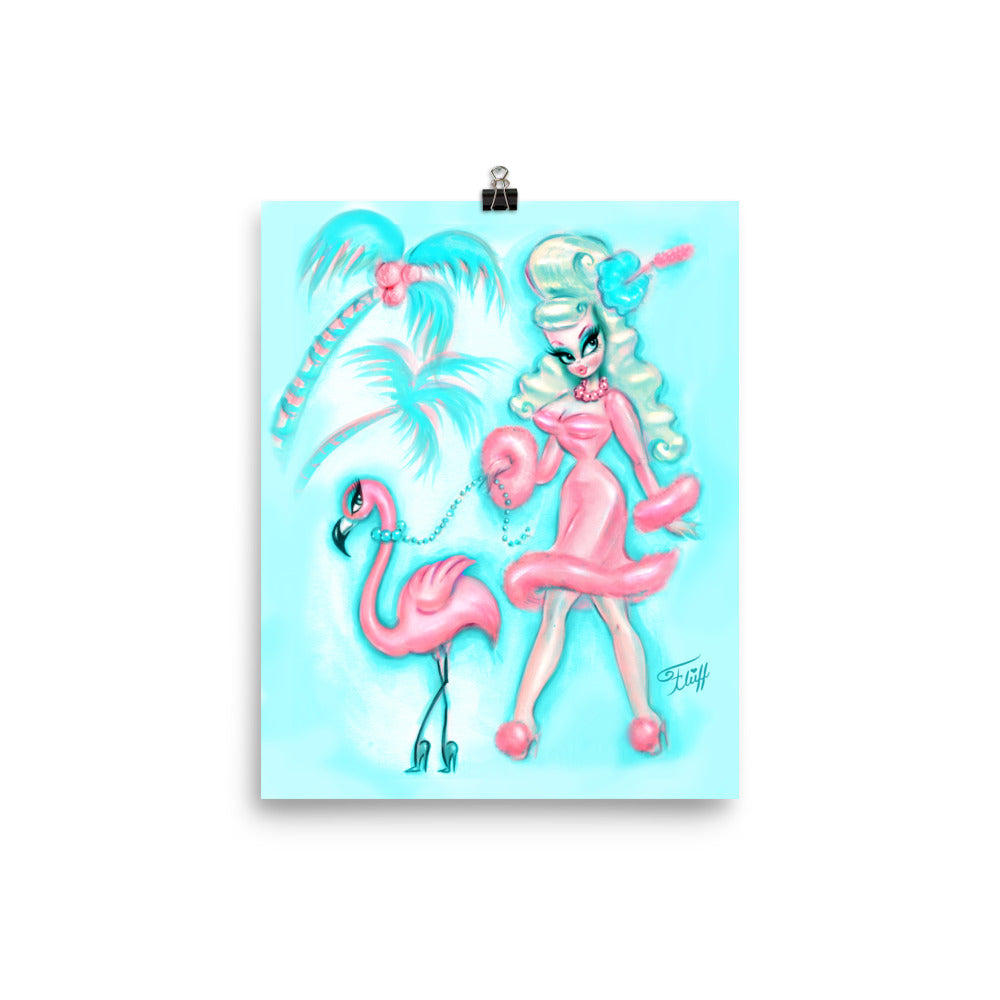 Palm Springs Glamour Doll Walking a Flamingo • Art Print