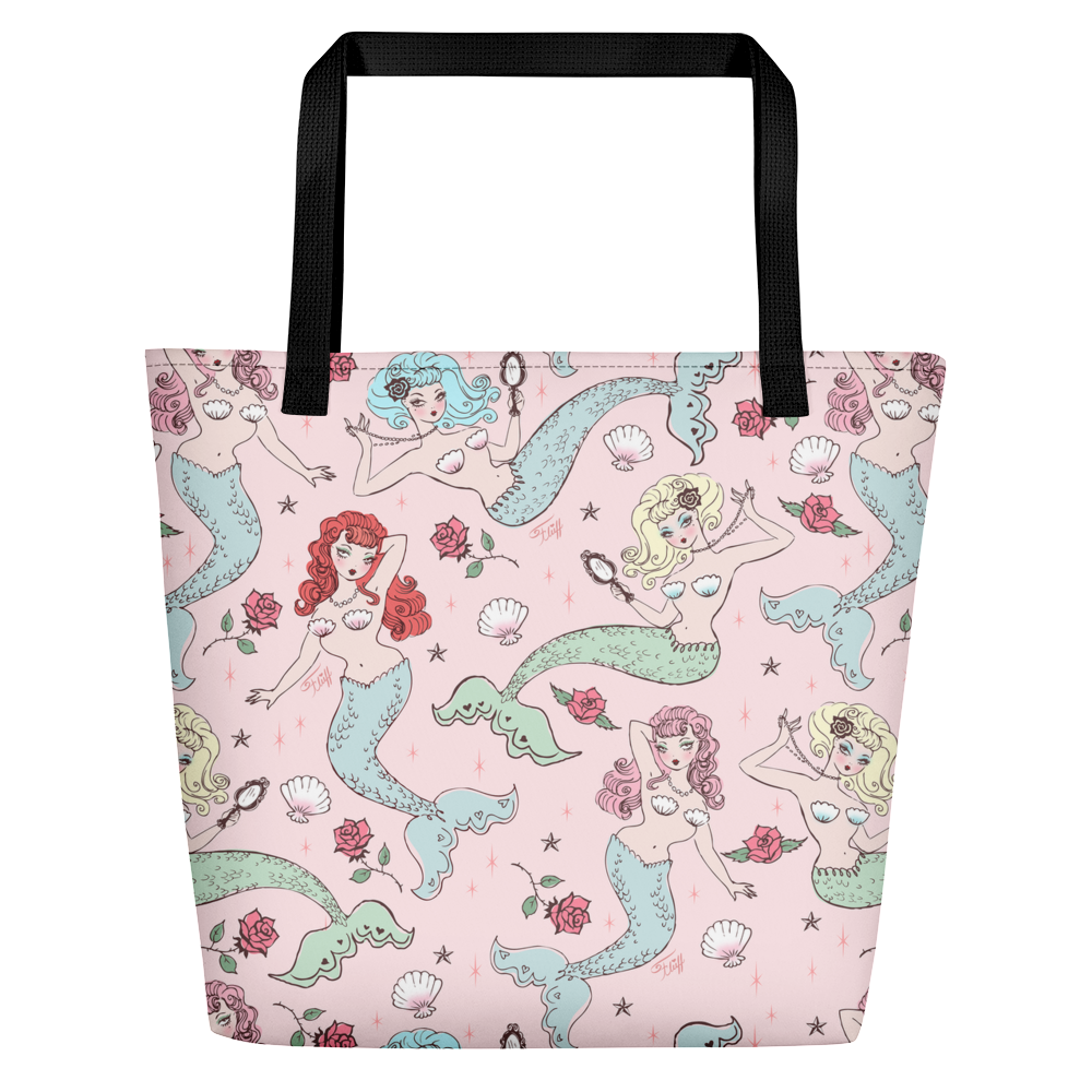Mermaids and Roses on Pink • Beach Bag
