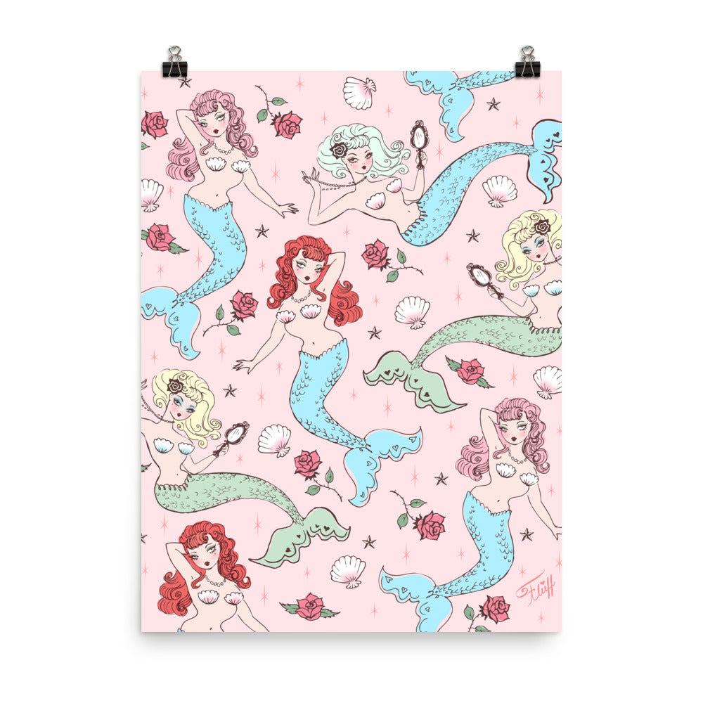 Mermaids and Roses on Pink • Art Print