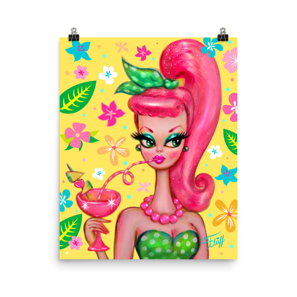 Doll with Pink Pony Tail Sipping a Tropical Cocktail • Art Print