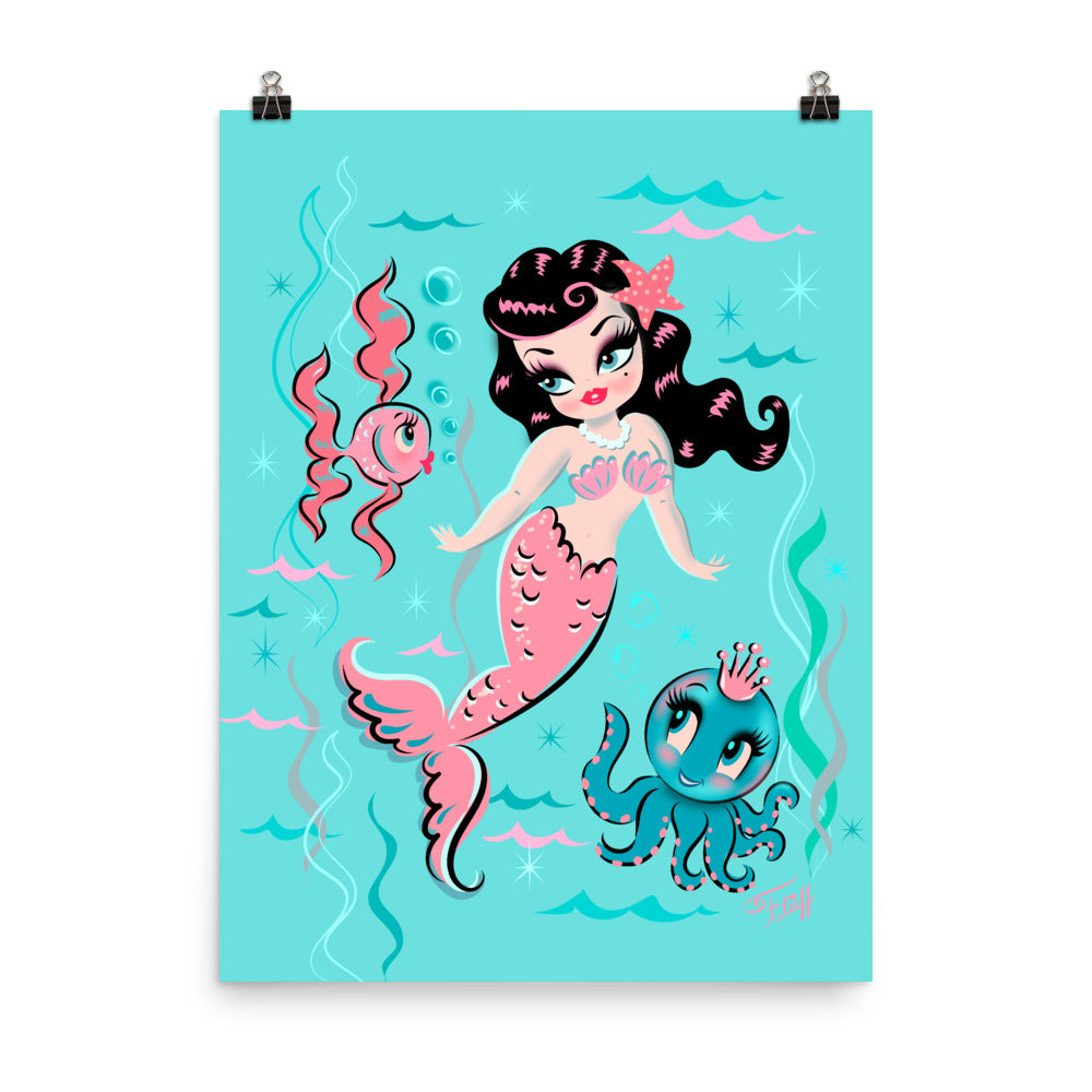 Babydoll Mermaid with Raven Hair and Octopus Prince • Art Print