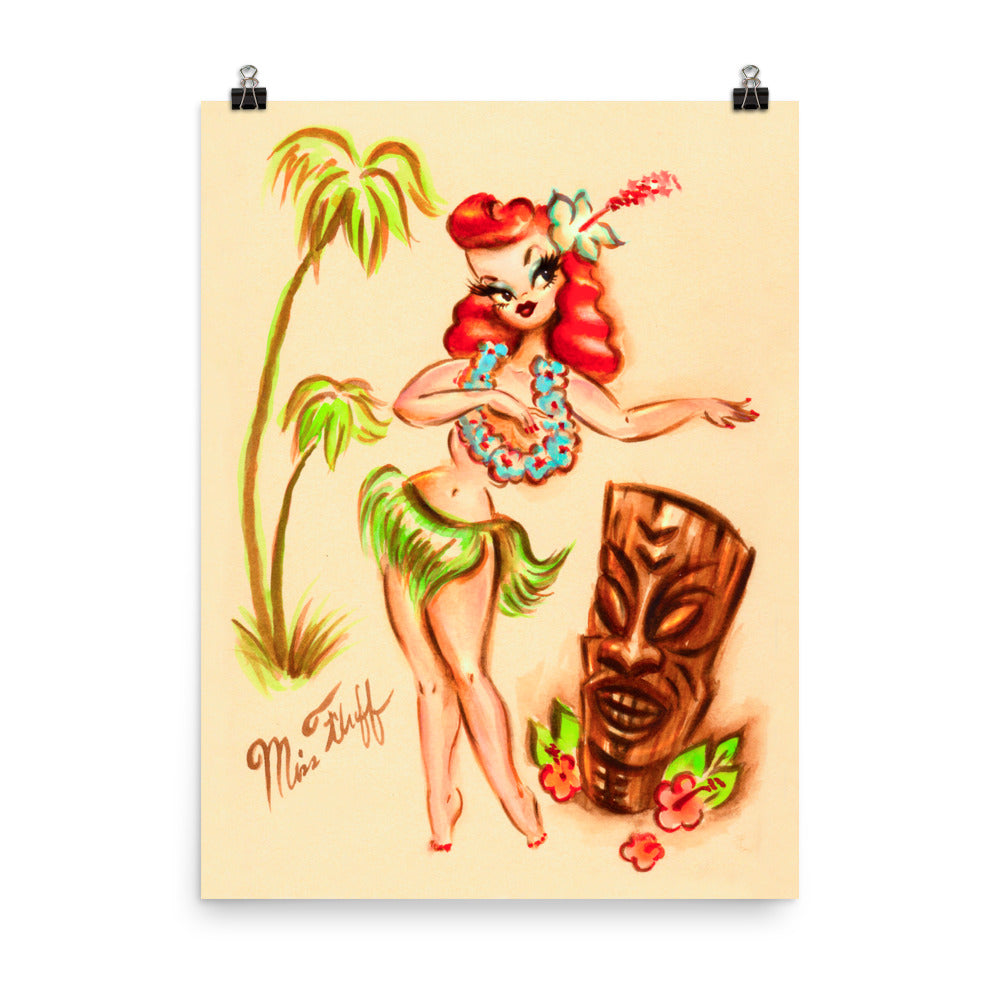 Redhead Hula Girl with Tiki • Art Print