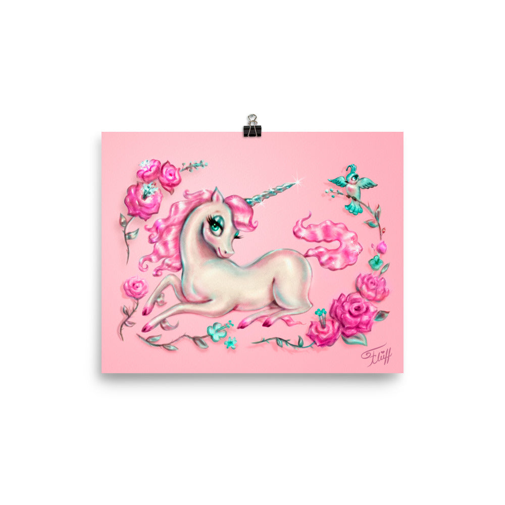 Unicorn with Roses on Pink • Art Print