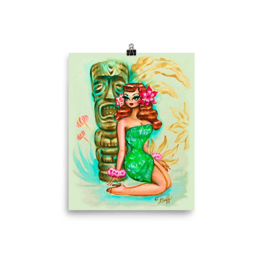 Tropical Pinup Girl with Tiki  Art Print  Miss Fluff's Shop