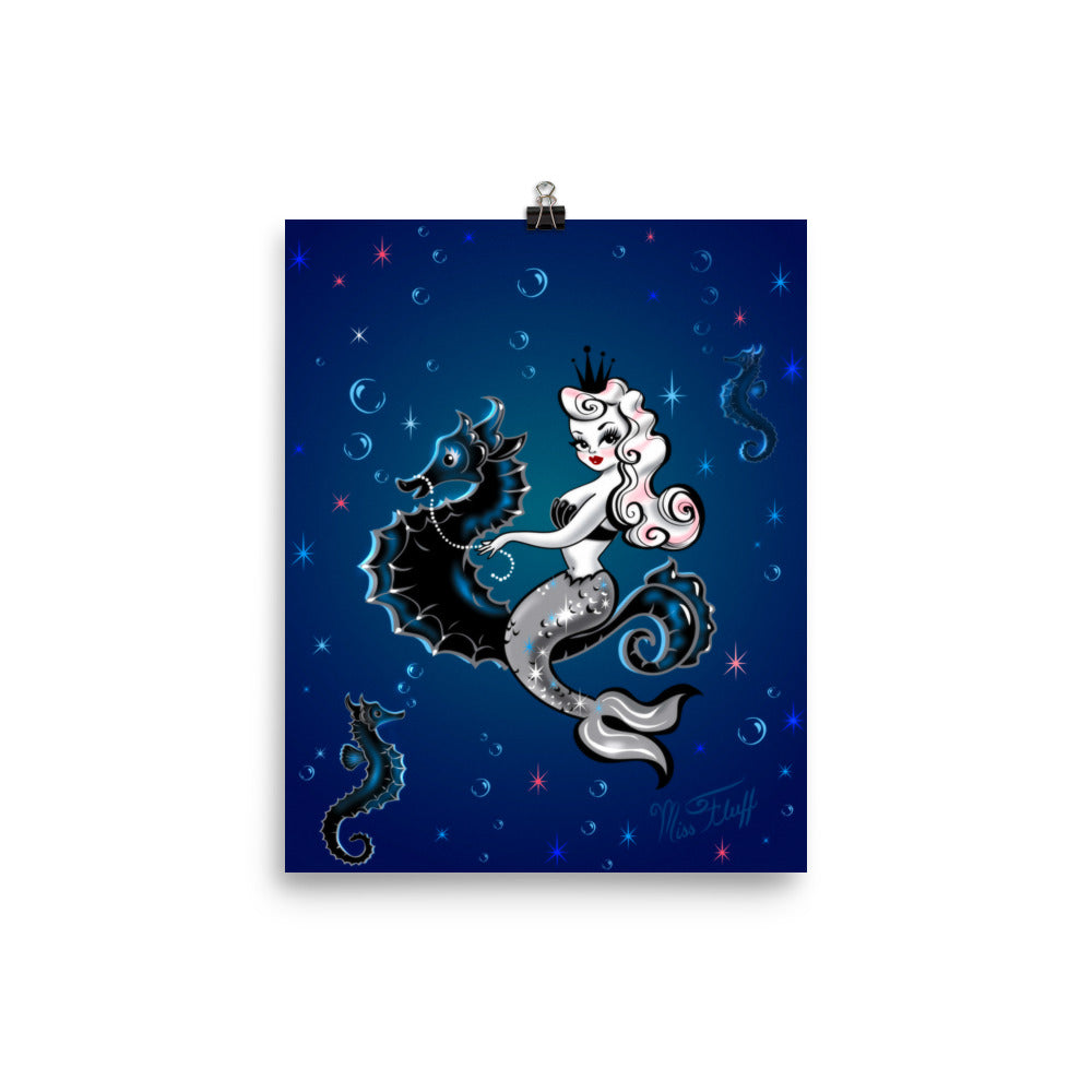 Pearla Riding a Seahorse on Deep Blue • Art Print