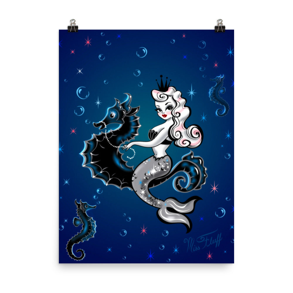 Pearla Riding a Seahorse on Deep Blue • Art Print