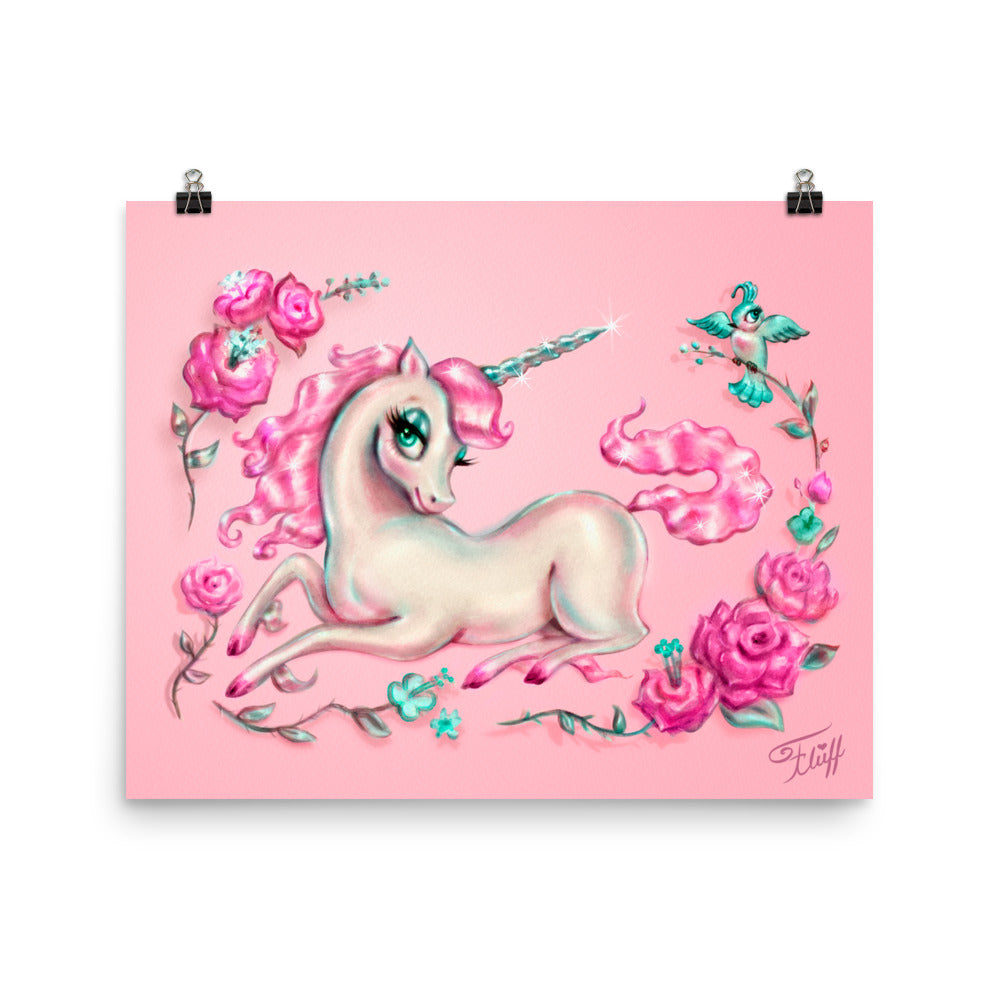 Unicorn with Roses on Pink • Art Print