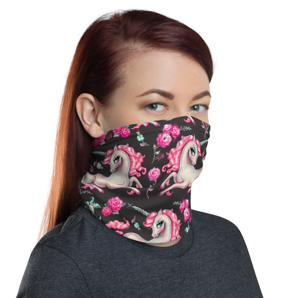 Unicorns and Roses on Black • Neck Gaiter Face Mask