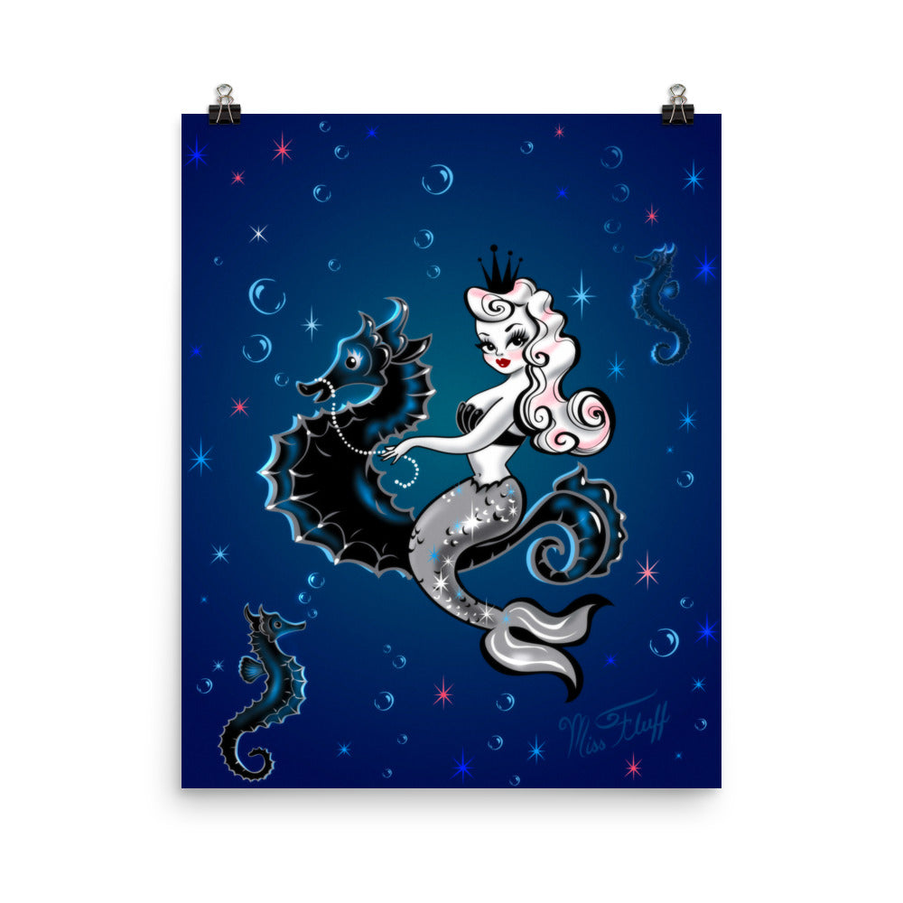 Pearla Riding a Seahorse on Deep Blue • Art Print
