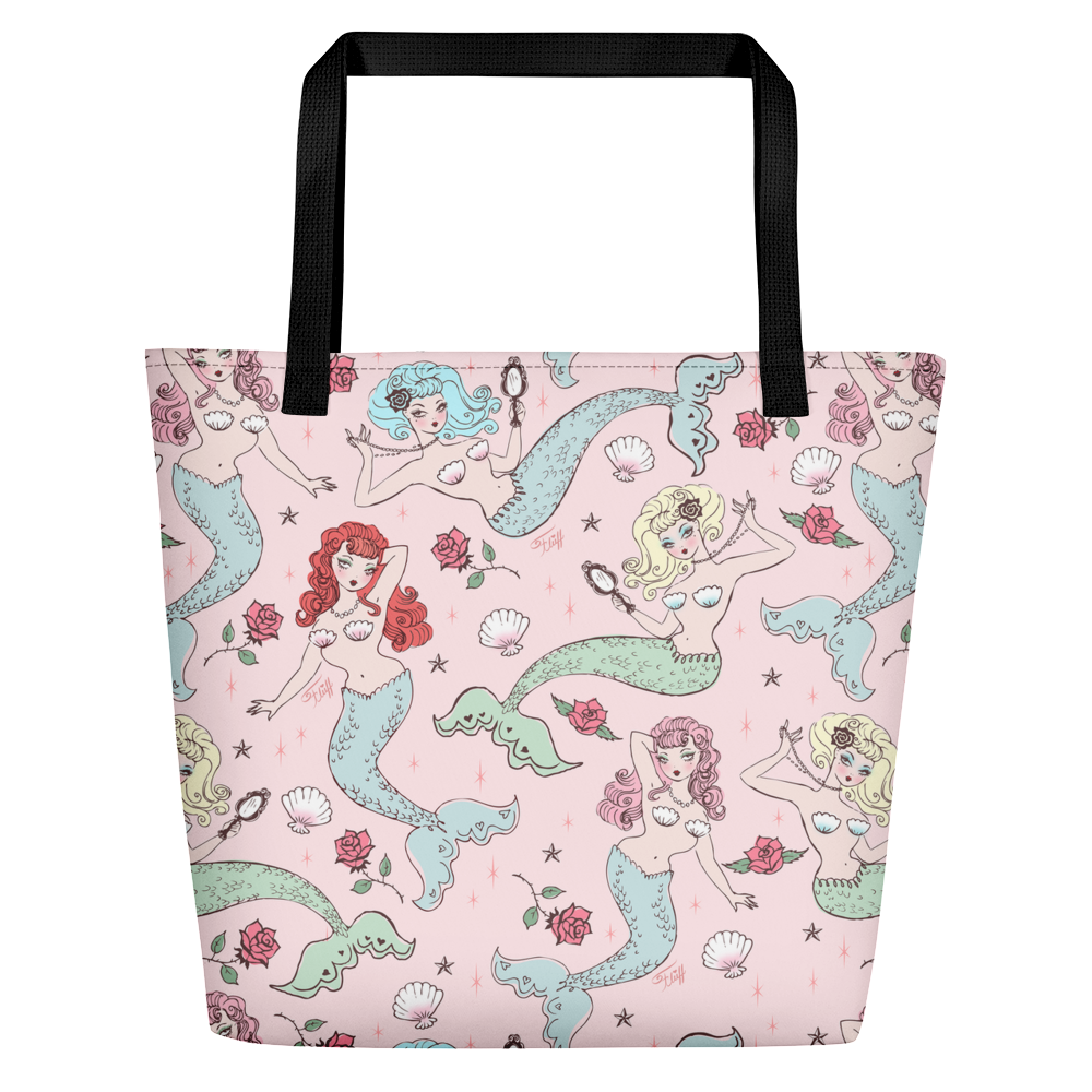 Mermaids and Roses on Pink • Beach Bag