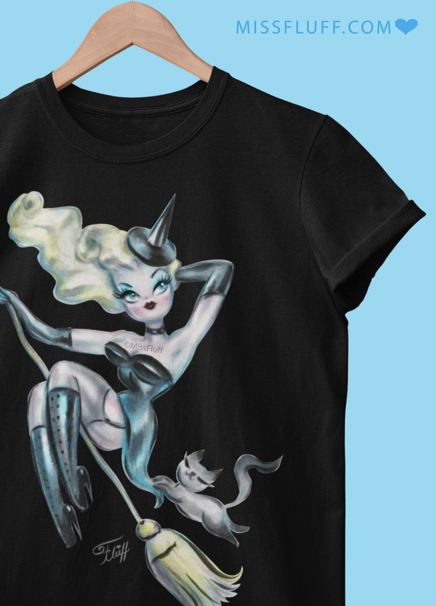 Pinup Witch with Kitty on a Broom • Women's Relaxed Fit T-Shirt